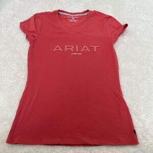 Ariat Womens Logo V Neck Short Sleeve Tee Casual Sz M in Pink Horse Western Core
